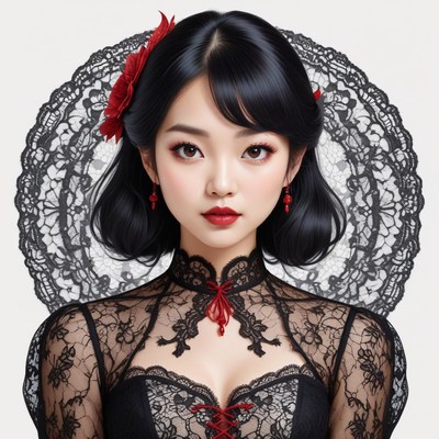 Woman in black lace outfit with red flowers