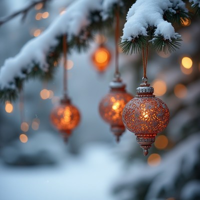 Snowy tree with lanterns hanging