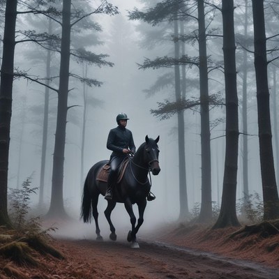 Horse rider in foggy forest