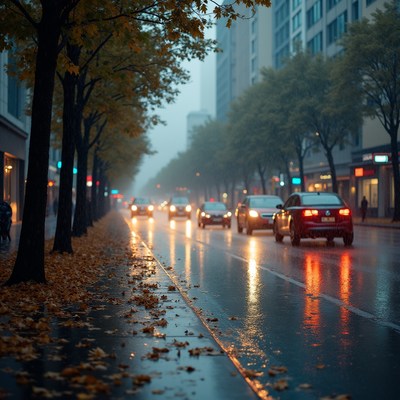 Rainy street scene with cars