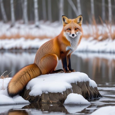 Fox sitting on snow-covered rock