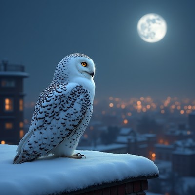Snowy owl on snowy rooftop at night