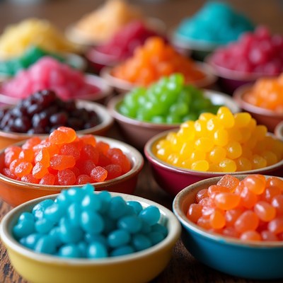 Colorful candies in small bowls