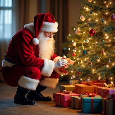 Santa preparing gifts by the tree