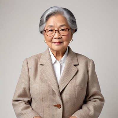 Older woman in gray suit