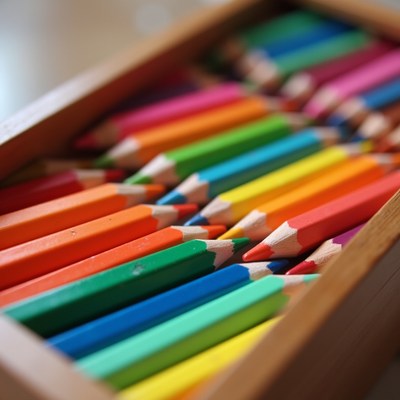 Colorful pencils in wooden box