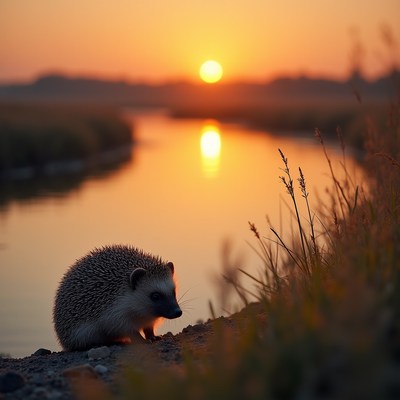 Hedgehog at sunset by river
