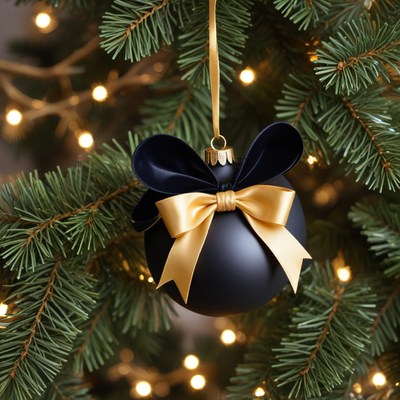 Black ornament with bow on tree