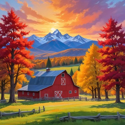 Colorful sunset over a red barn