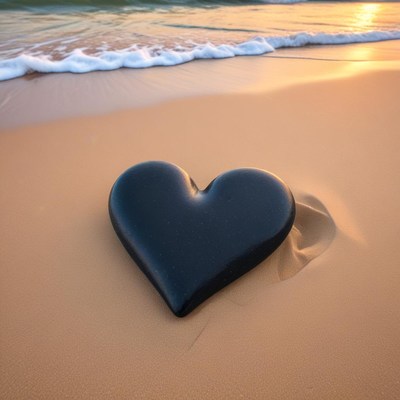 Black heart stone on beach at sunset