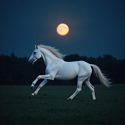 White horse runs under full moon