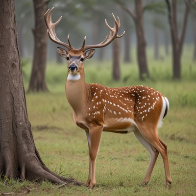 Deer standing by a tree in a field