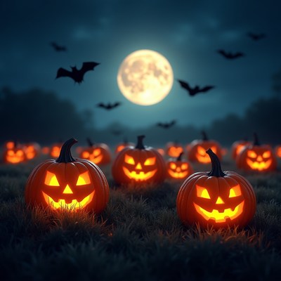 Halloween pumpkins glow at night