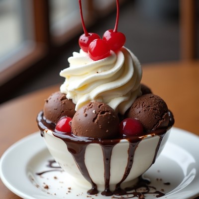 Dessert with ice cream and cherries