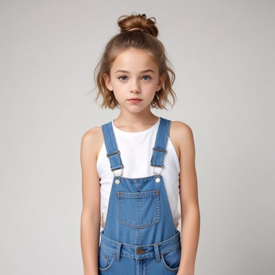 Young child in denim overalls stands still