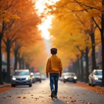 Child walks down street in fall