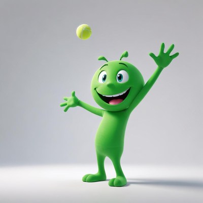Green character plays with tennis ball