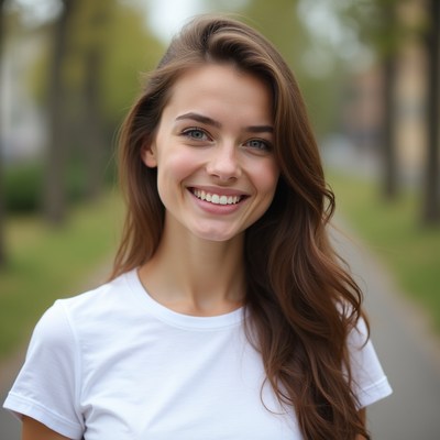 Woman smiles on city street