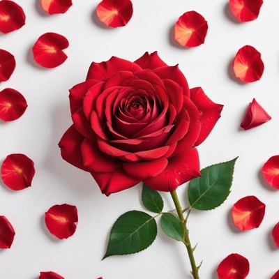 Red rose with petals arranged on white surface