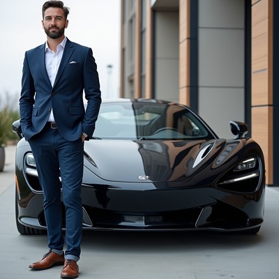 Man poses beside luxury car