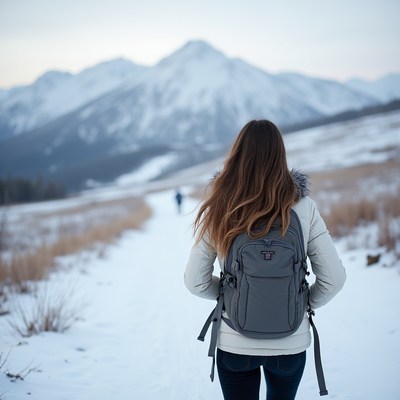 Hiker on snowy mountain trail