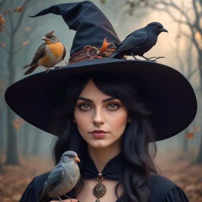 Woman with birds in forest