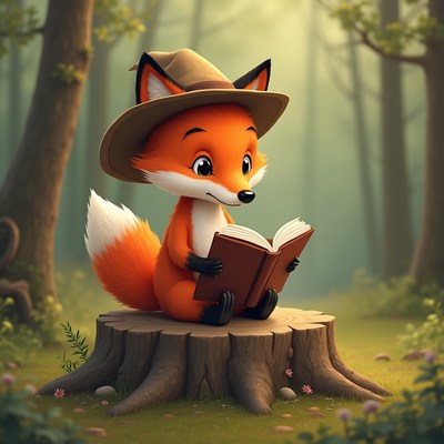 Fox reading a book in forest