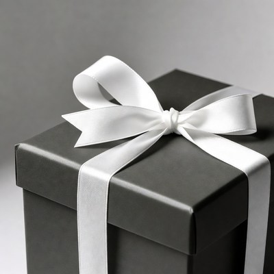 Gift box with white ribbon on display