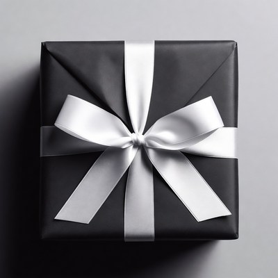 Wrapped gift with white bow on gray surface