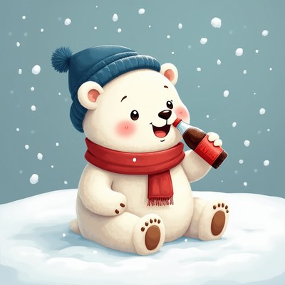 Cute polar bear drinking soda in winter