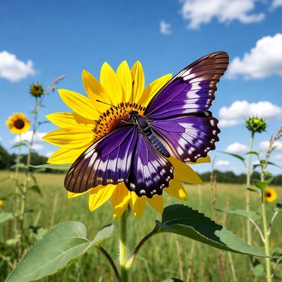 Butterfly on sunflower under blue sky
