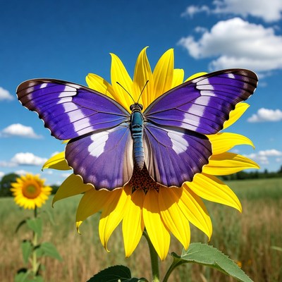 Butterfly on a sunflower in a field