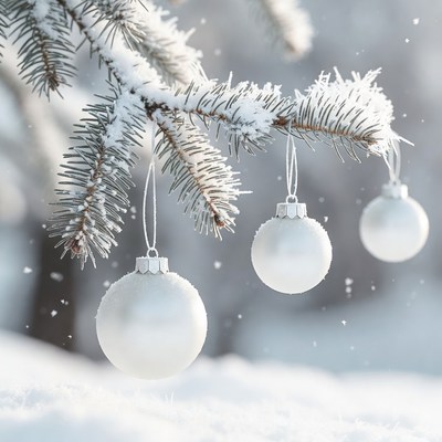 Snowy pine branch with ornaments