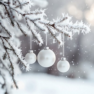 Hanging ornaments on snowy branches