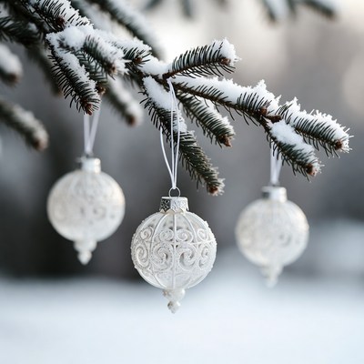 Winter ornaments hang on snowy branches