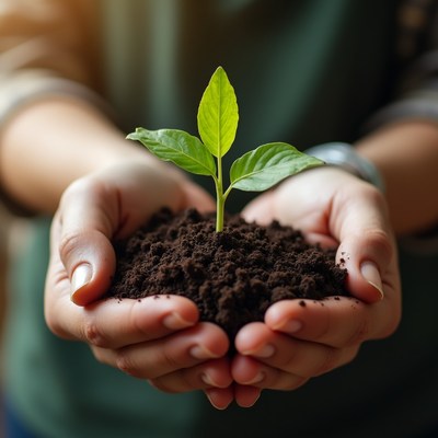 Hands holding a young plant in soil
