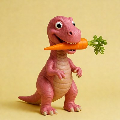 Pink dinosaur holds carrot in mouth