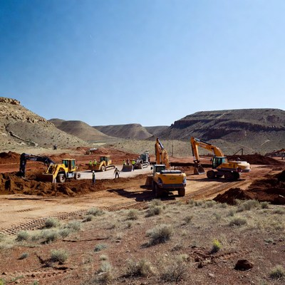 Construction site with heavy machinery in use