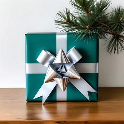 Gift wrapped with silver bow on wooden table