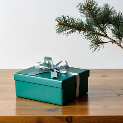 Gift box on wooden table with pine