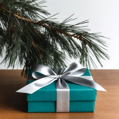 Holiday gift under pine branch