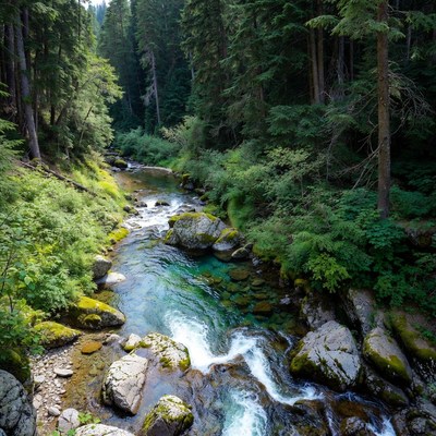 River flowing through green forest area