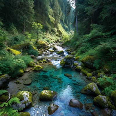 Clear river flows through green forest