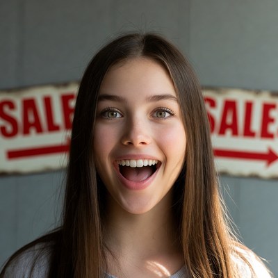 Young woman smiles in store sale announcement