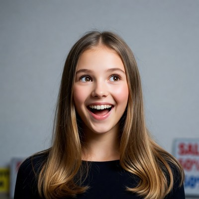 Girl with long hair shows excitement