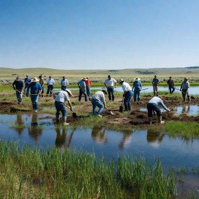 Group of people working in a wetland area