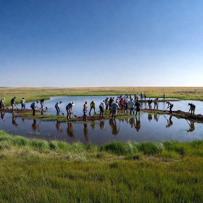 People working in waterlogged field