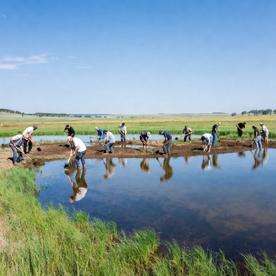 Farmers working on field by water
