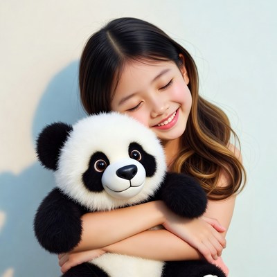 Girl hugs stuffed panda toy