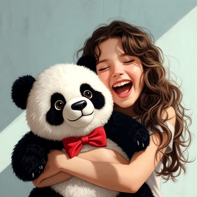 Girl hugs panda stuffed animal joyfully